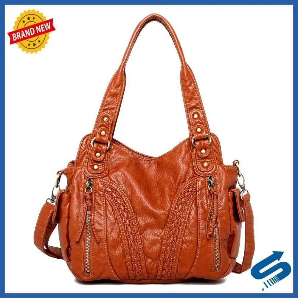 Large Soft Leather Hobo Bag with Crossbody Strap, Multiple Pockets
